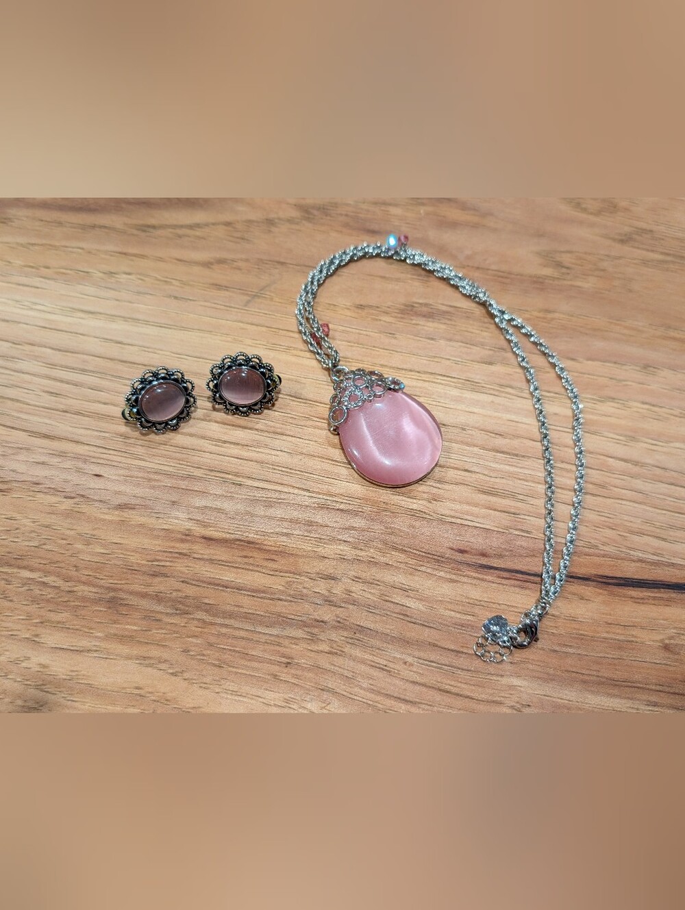 Silver-Tone Pink Moonglow Pendant Necklace And Earrings